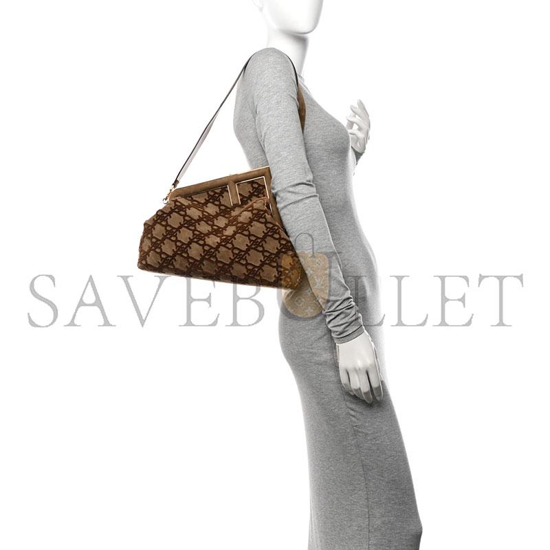 FENDI CAMOSCIO KARLIGRAPHY EMBROIDERED MEDIUM FIRST CAMEL (32.5*23.5*15cm)